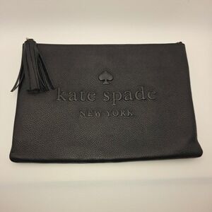 Kate Spade New York Black Pebbled Leather Embossed Logo Tassel Clutch Pouch
